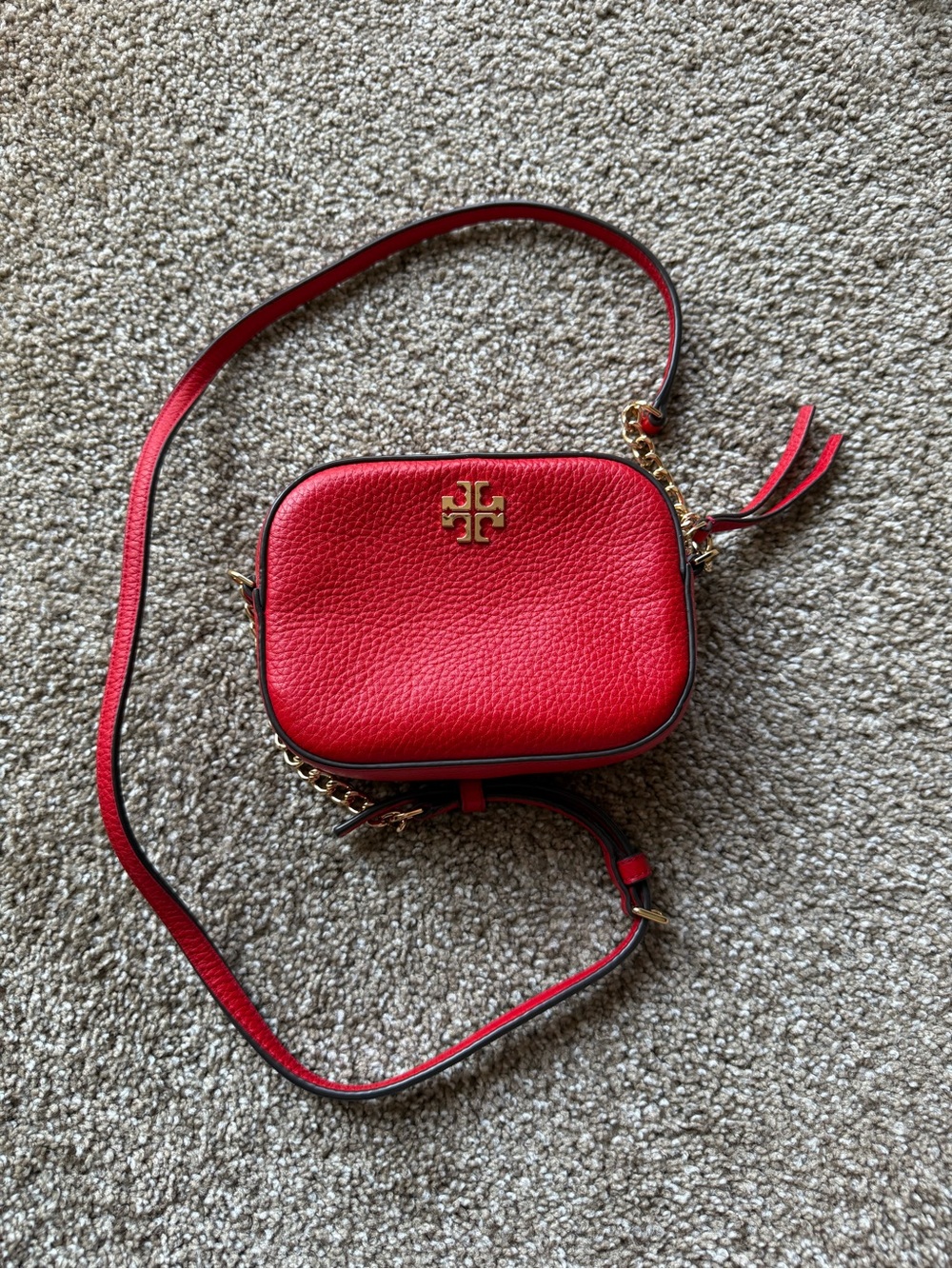 Tory Burch Red Pebbled Leather Mini Camera Bag with Gold Logo